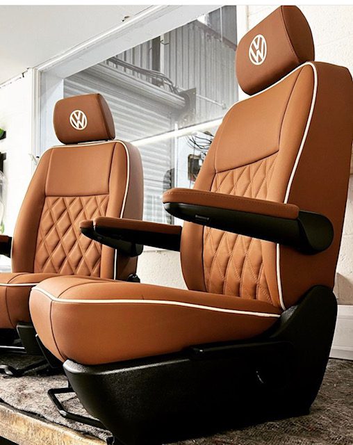 upholstered 2 x vw T6 captain seats with VW logos Chestnut leatherette - The Dub Hut 2022