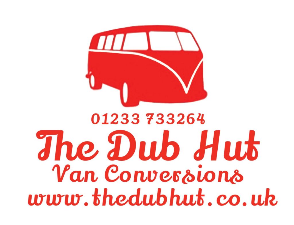 the dub hut logo of a red VW campervan and the details for the dub hut